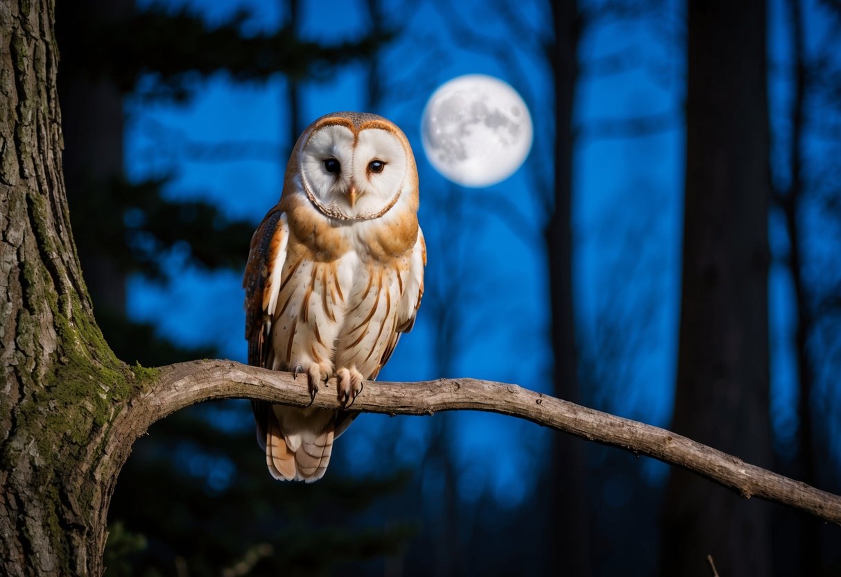 A barn owl perched on a gnarled tree branch, surrounded by a moonlit forest
