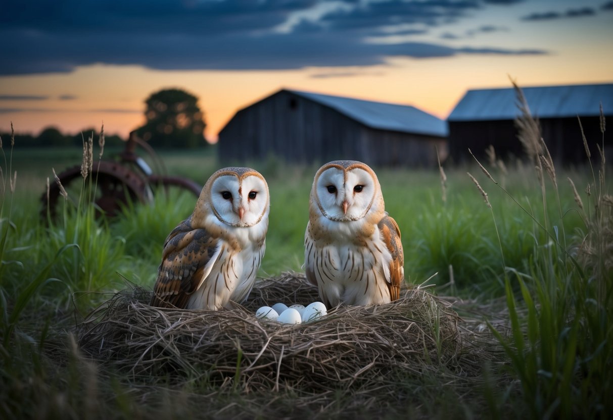 A pair of barn owls nesting in a secluded barn, surrounded by tall grass and old farm equipment. The female sits on a clutch of eggs while the male hunts for food at dusk
