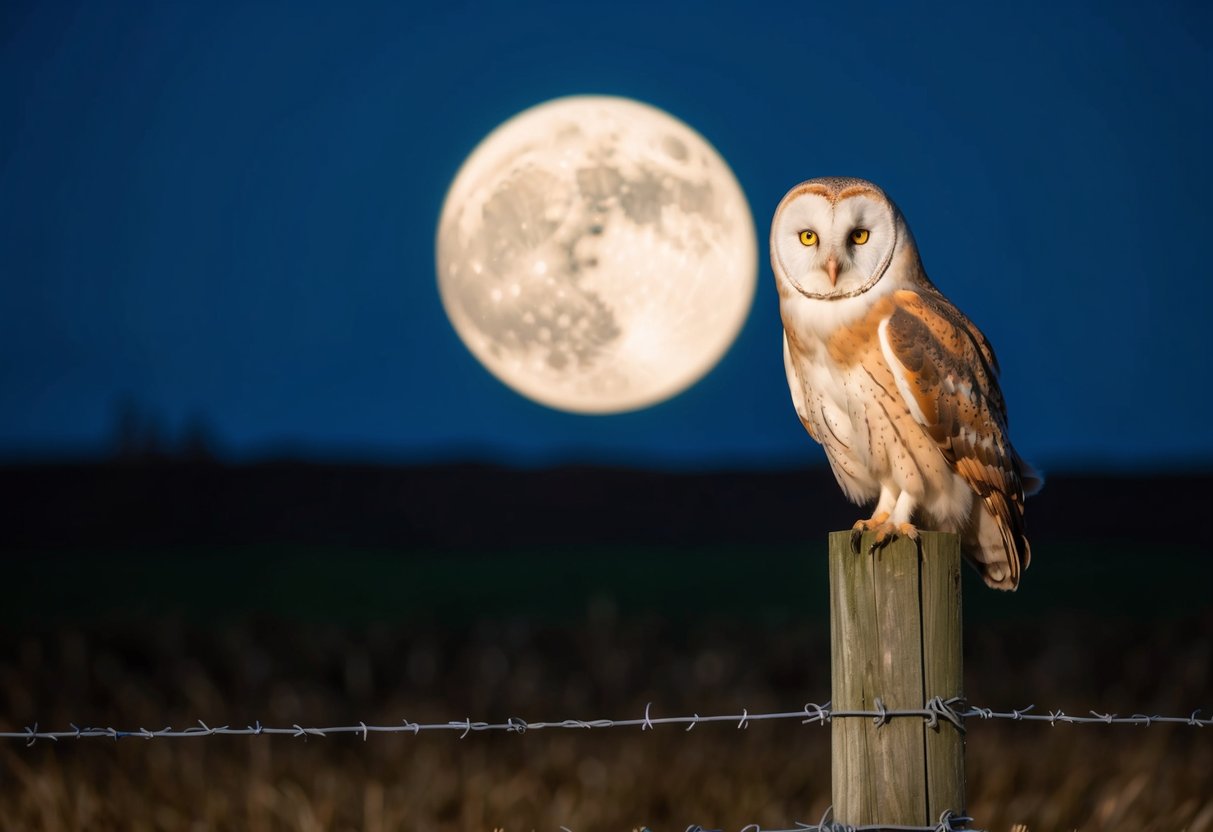 A moonlit barnyard with a solitary barn owl perched on a wooden fence post, its large eyes glowing in the darkness as it surveys the surrounding fields