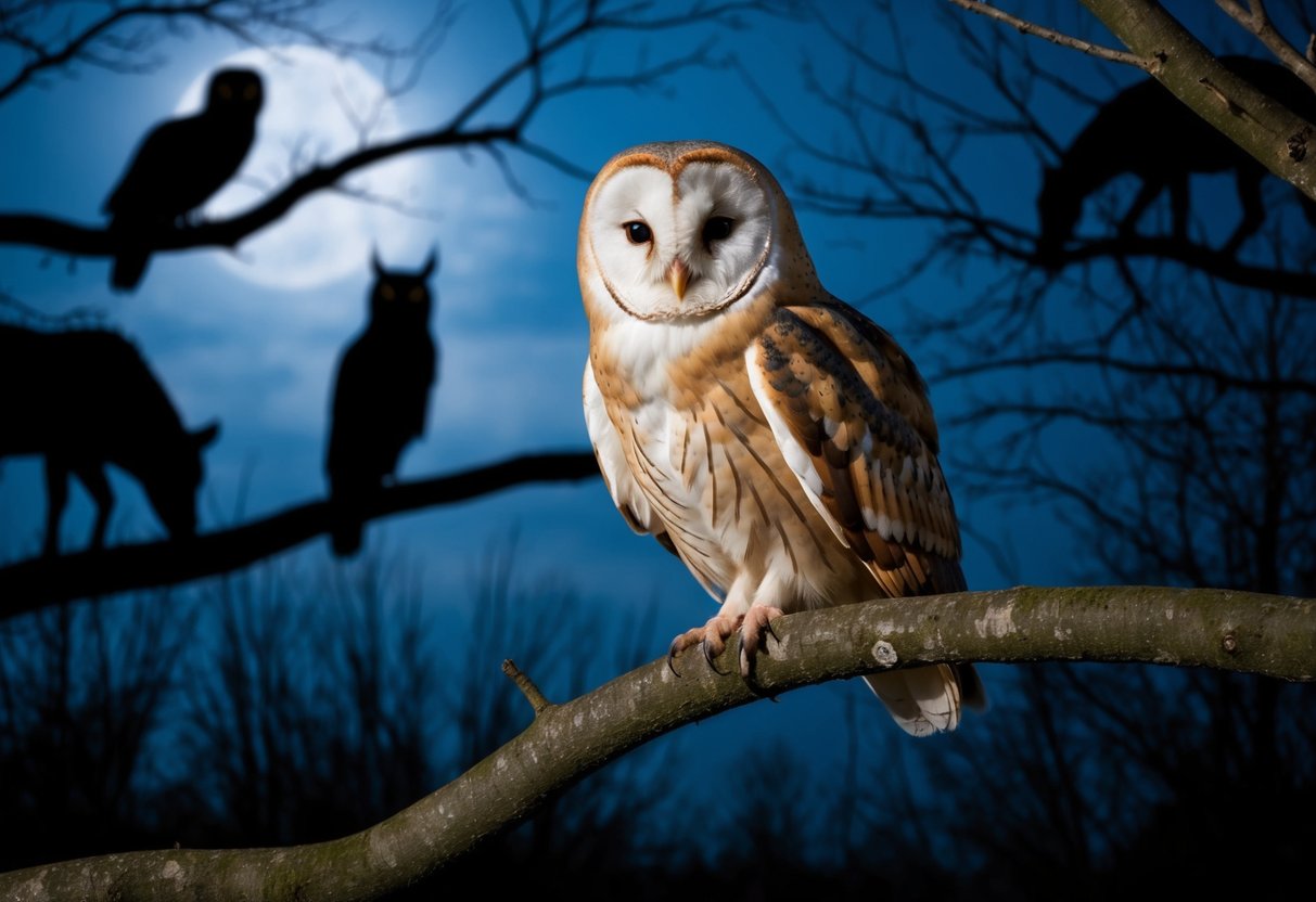 A barn owl perched on a tree branch at night, surrounded by eerie shadows and silhouettes of other animals, evoking the superstition of death and bad omens associated with the species
