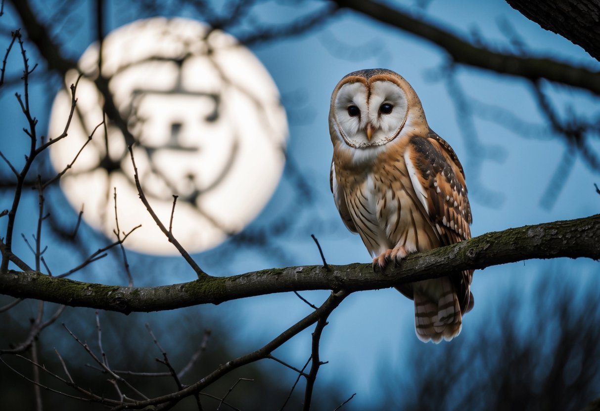 A barn owl perched on a moonlit tree branch, surrounded by eerie shadows and mysterious symbols