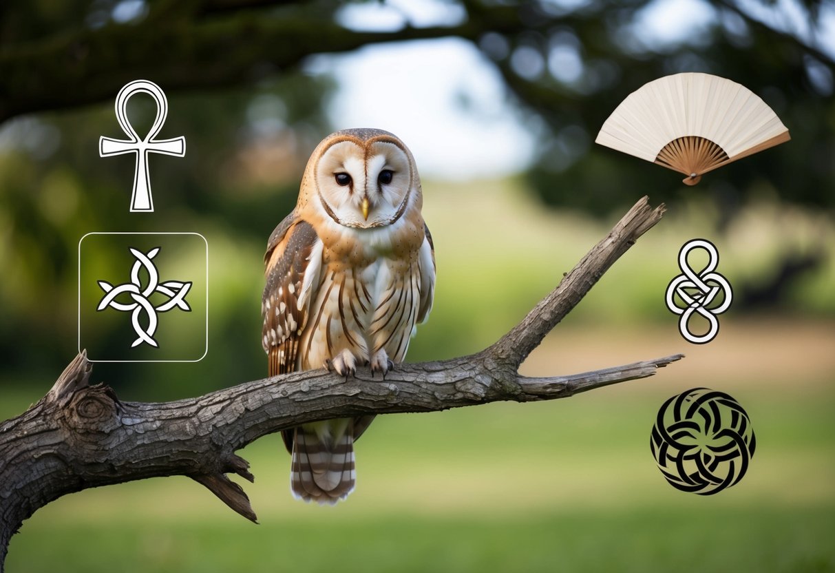 A barn owl perched on a gnarled tree branch, surrounded by symbols of different cultures - an Egyptian ankh, a Celtic knot, and a Japanese fan