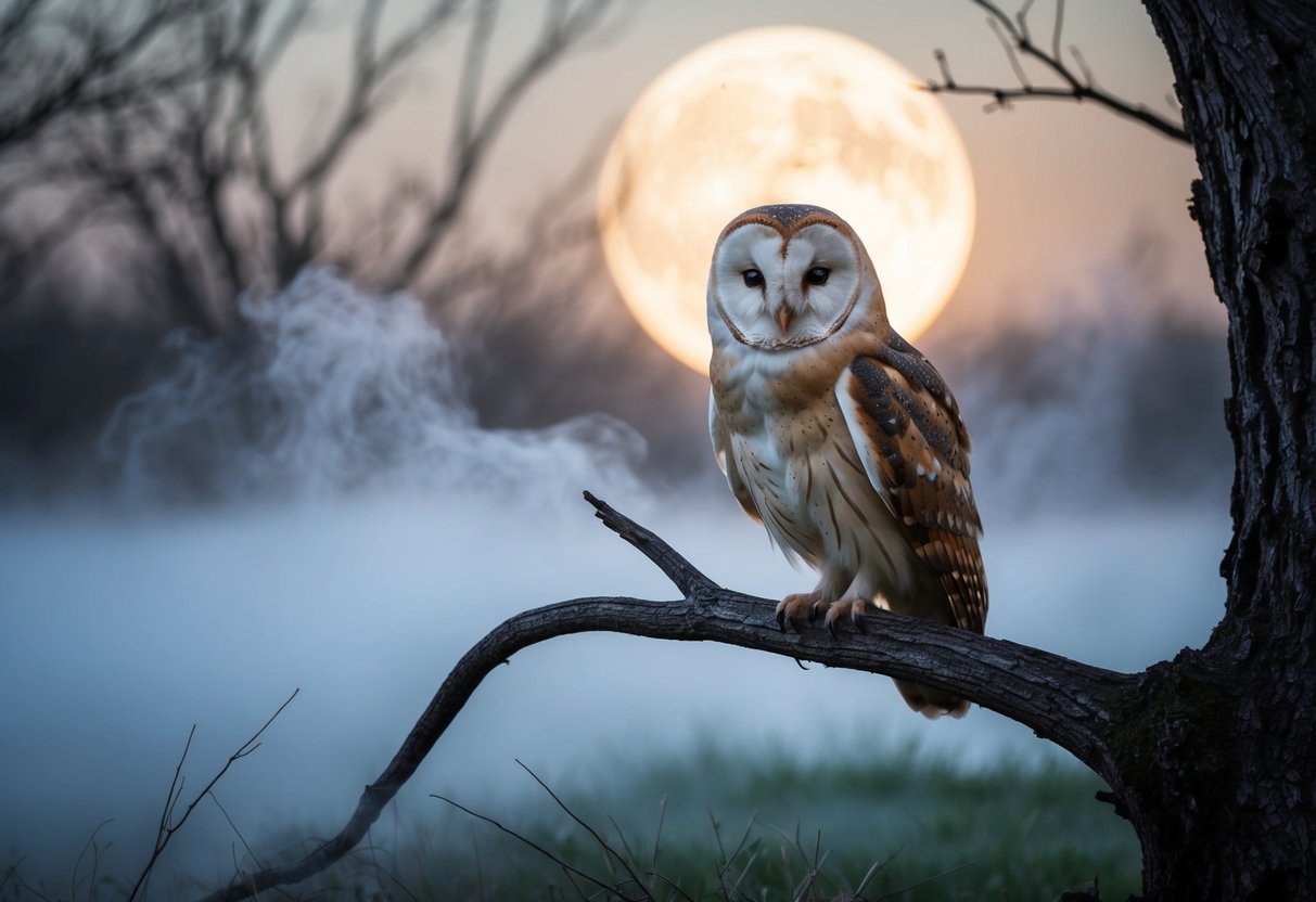 A barn owl perched on a gnarled tree branch, surrounded by swirling mist and glowing moonlight, exuding an aura of mystery and superstition