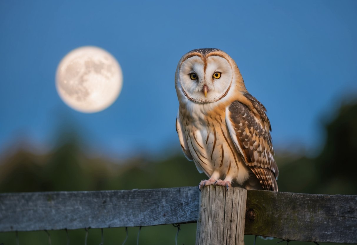 A barn owl perched on a weathered wooden fence post, its large, round eyes fixed on something in the distance as it blends into the moonlit night