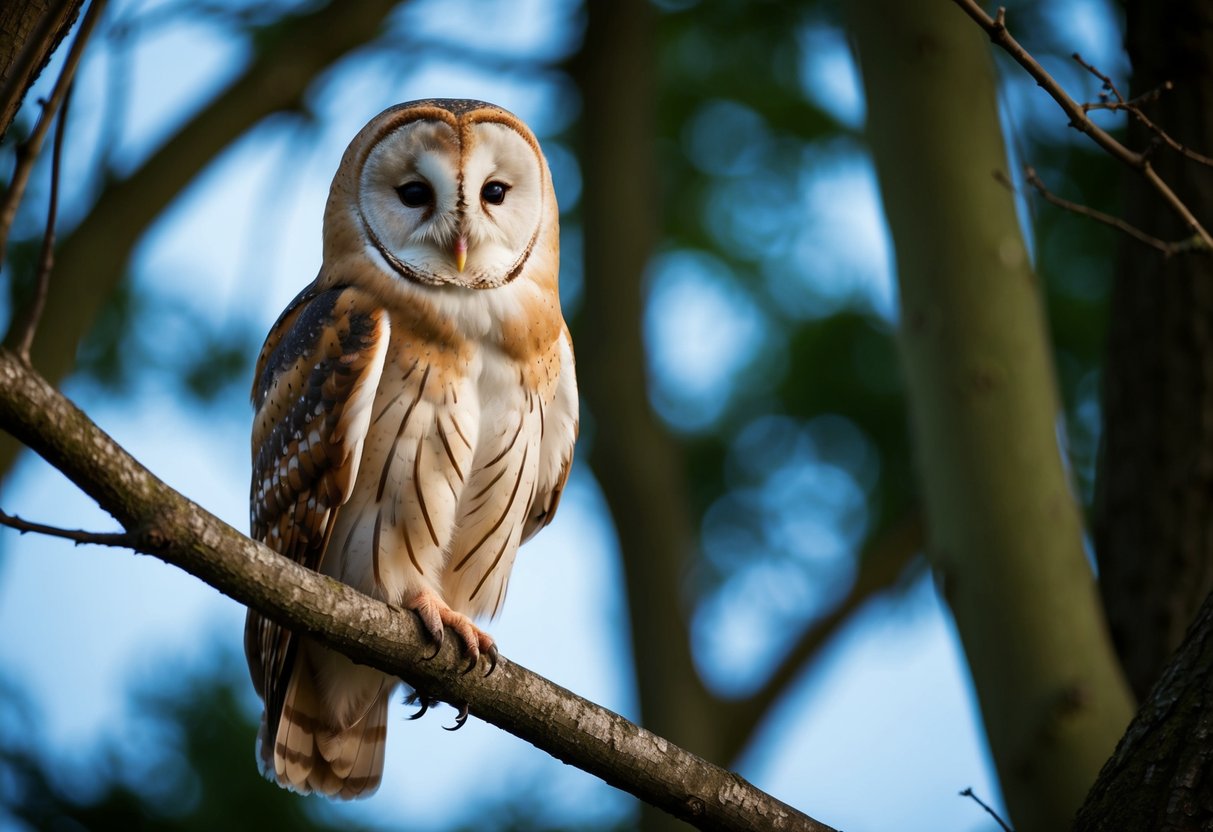 A barn owl perched on a tree branch, its head turned to the side as it emits a haunting screech into the night