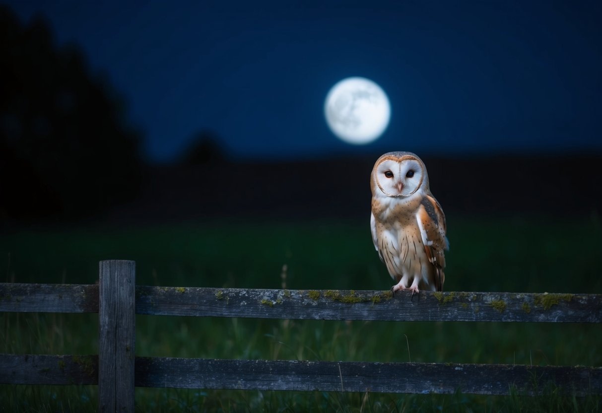 A dark night in the countryside, a lone barn owl perched on a weathered wooden fence, its ghostly silhouette illuminated by the moon