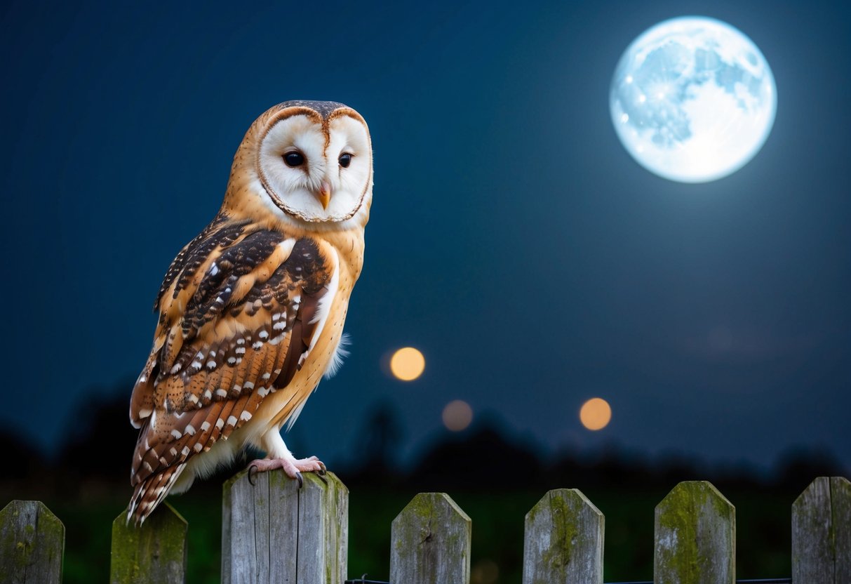 A barn owl perches on a weathered fence post, its heart-shaped face turned towards the moonlit night, emitting its signature eerie, high-pitched screech