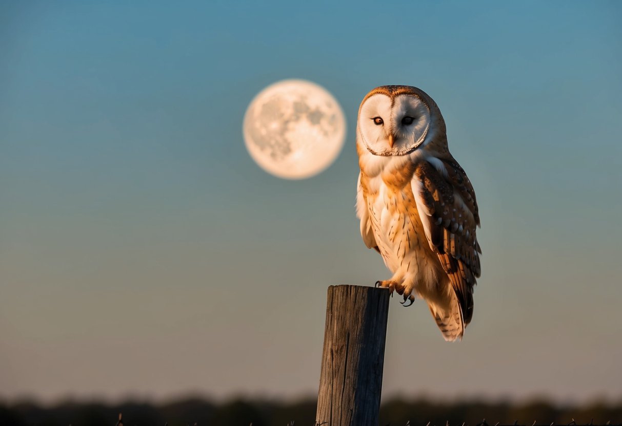 A barn owl perched on a weathered fence post, silhouetted against the setting sun with a full moon rising in the background