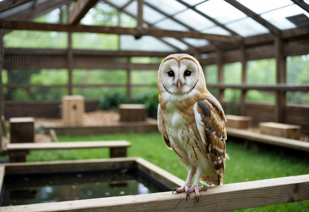 A barn owl perched on a wooden beam inside a spacious and well-lit aviary, with a variety of perches, nesting boxes, and a small pond