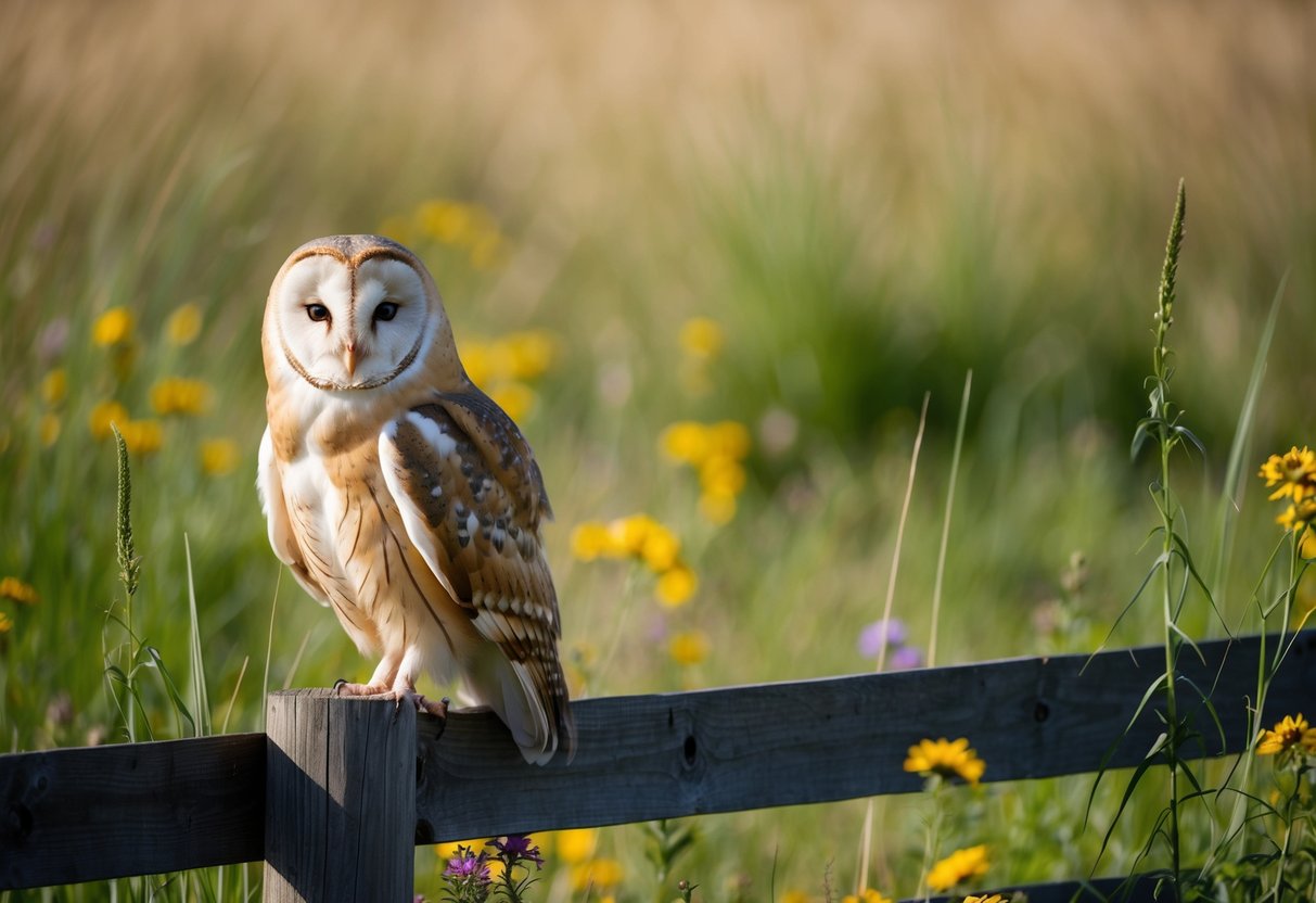A barn owl perched on a wooden fence post, surrounded by tall grass and wildflowers. Its piercing eyes are fixed on something in the distance