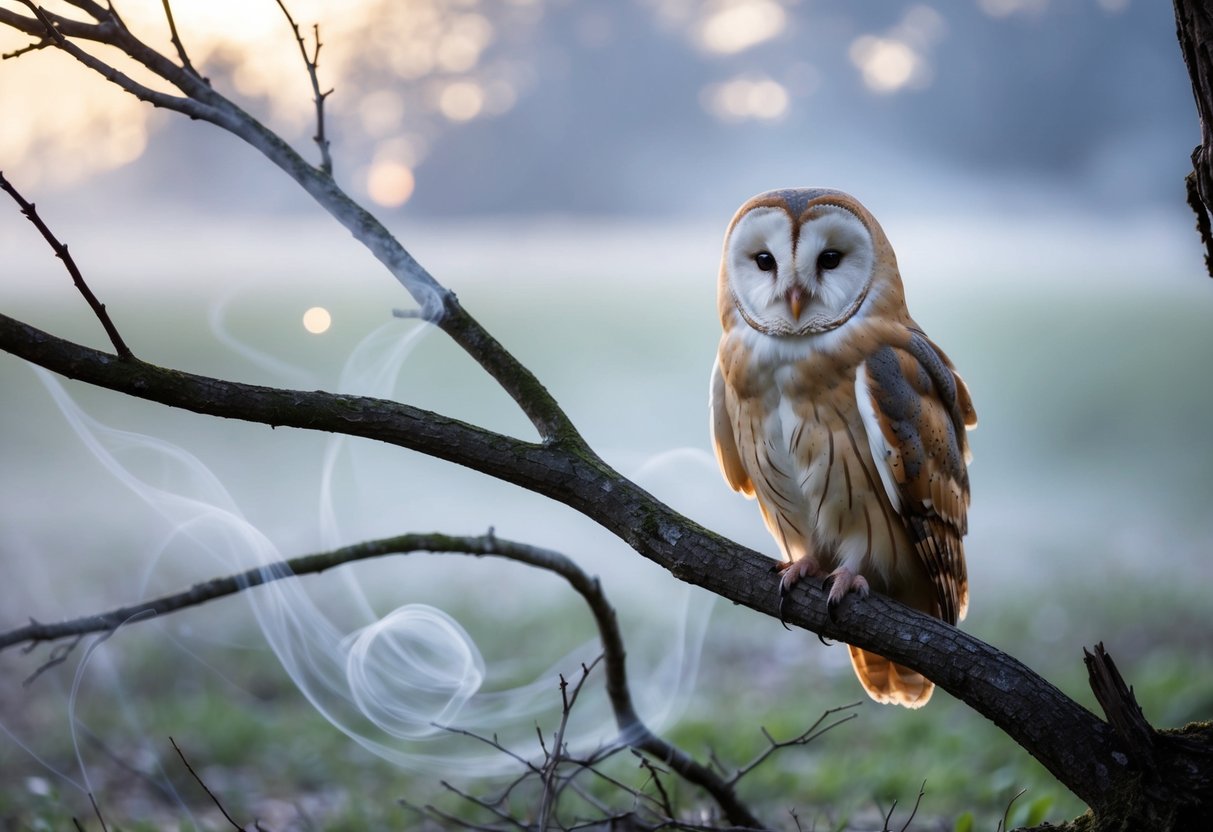 A barn owl perched on a gnarled tree branch, surrounded by swirling mist and illuminated by a soft, ethereal light