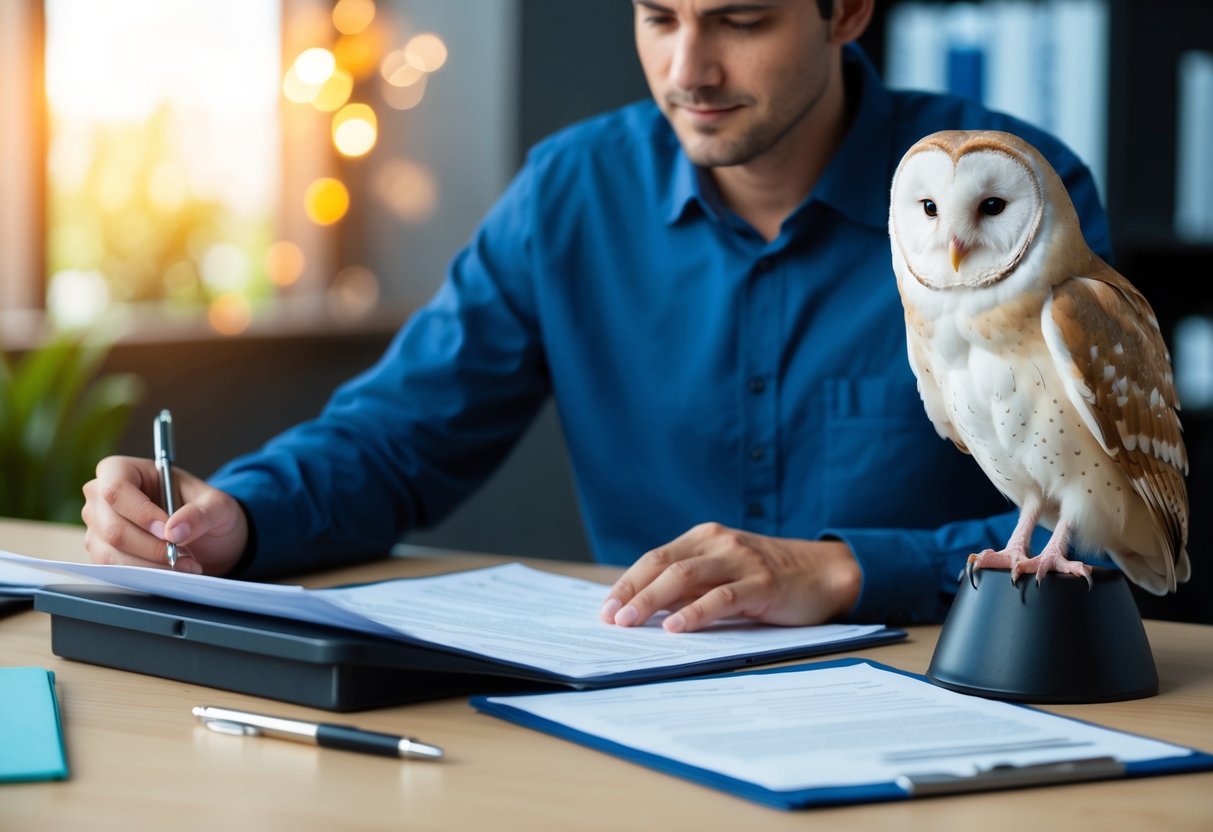 A person filling out paperwork at a desk, with a barn owl perched on a stand nearby