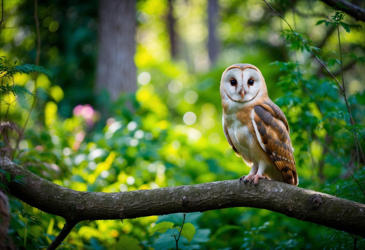 A barn owl perched on a tree branch, surrounded by a diverse array of wildlife in a lush, vibrant forest setting
