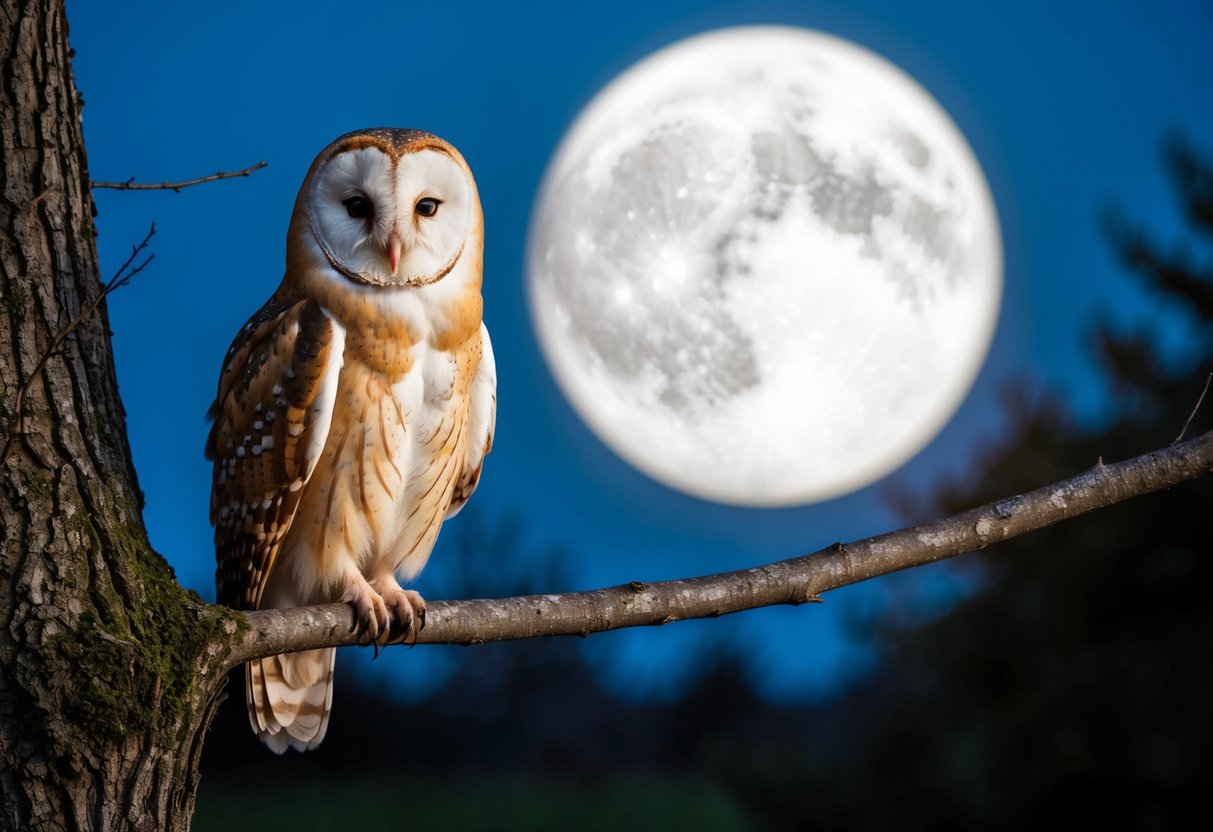 A barn owl perched on a tree branch, surrounded by moonlight and a sense of mystery