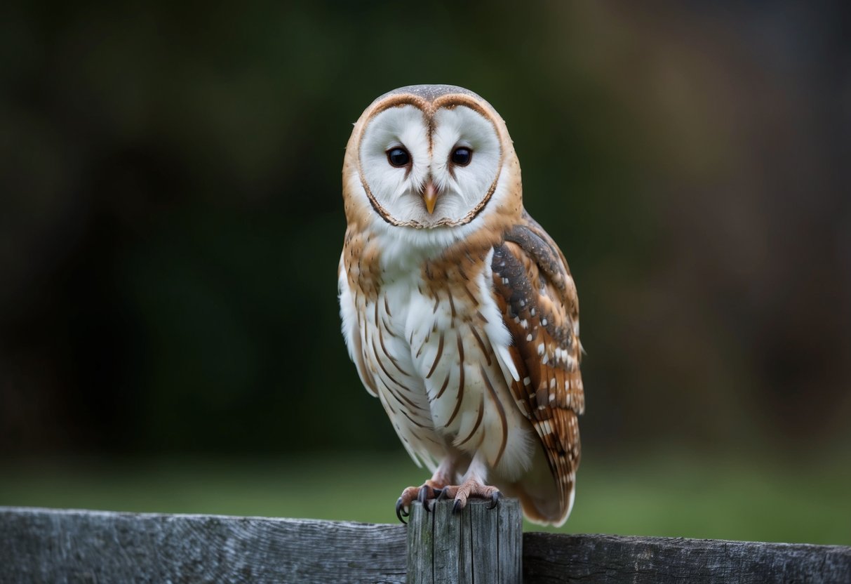 A barn owl perched on a weathered fence post, its round, white face and dark eyes staring out from the darkness