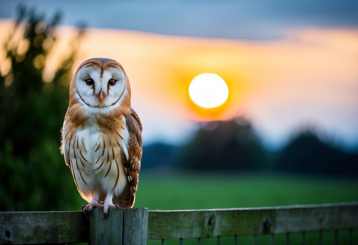 A barn owl perched on a wooden fence post at dusk, its heart-shaped face and white underbelly illuminated by the soft glow of the setting sun