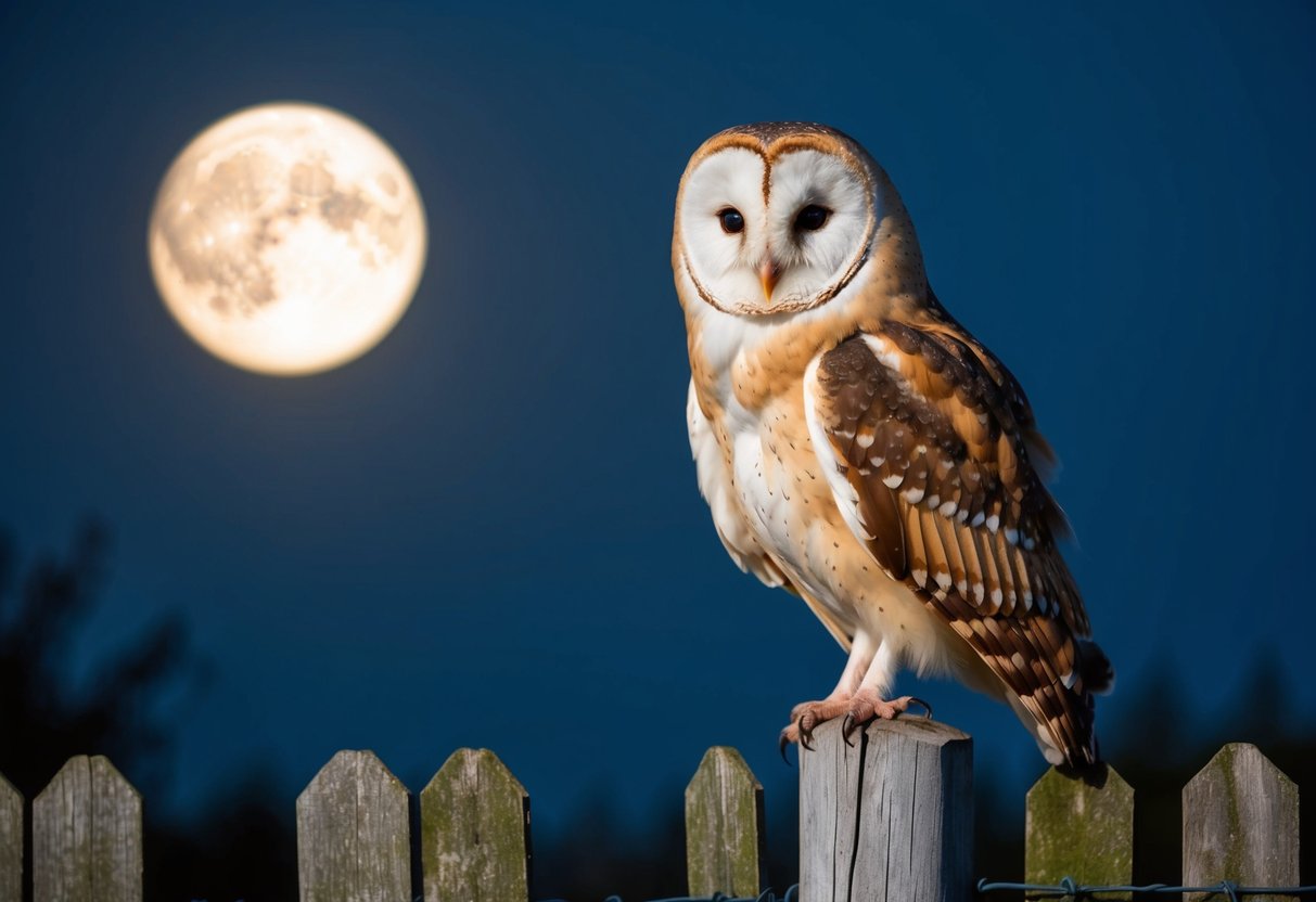 A barn owl perched on a weathered fence post, its heart-shaped face turned towards the moonlit night, symbolizing wisdom and intuition