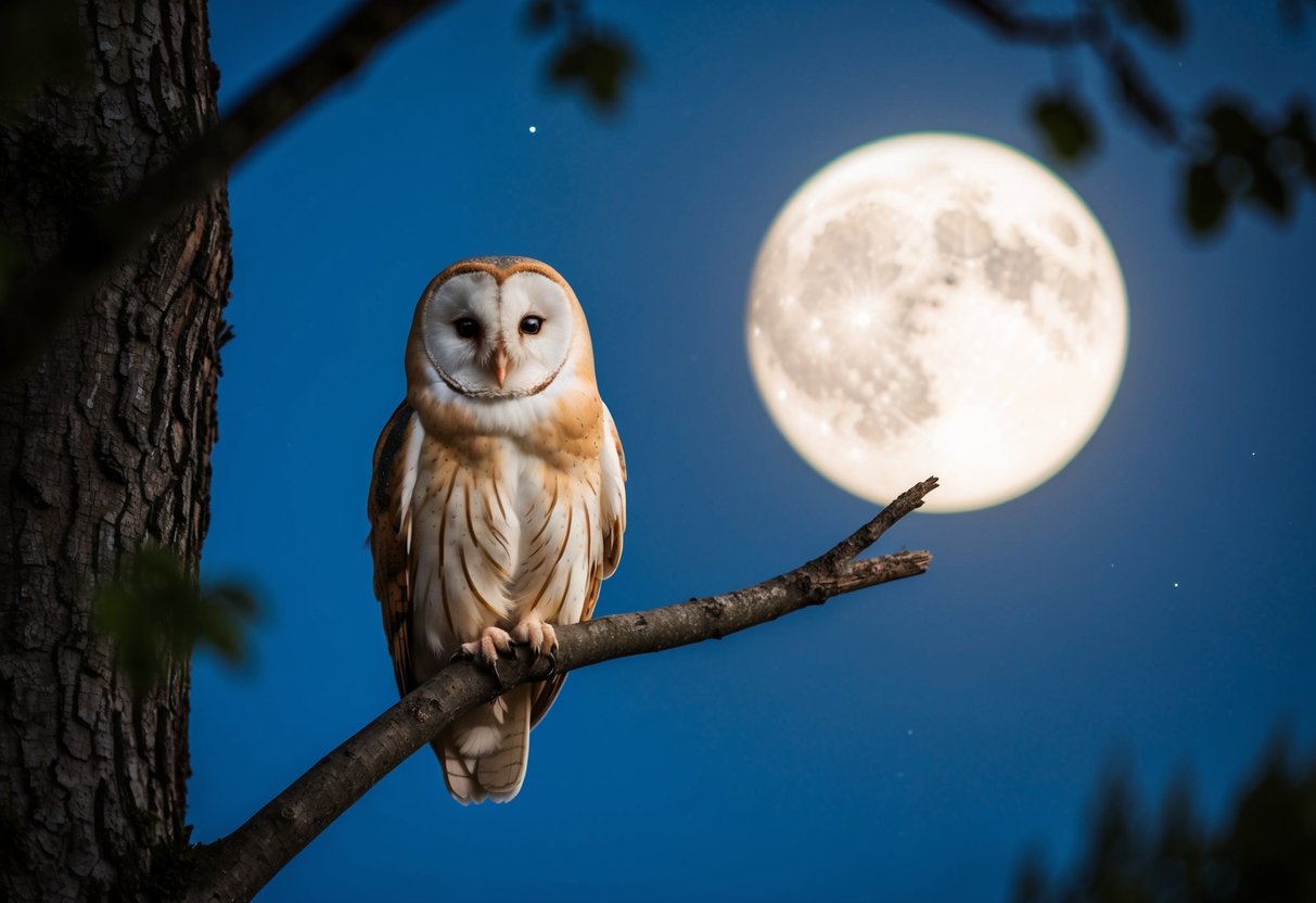 A barn owl perched on a tree branch, surrounded by moonlight and night sky