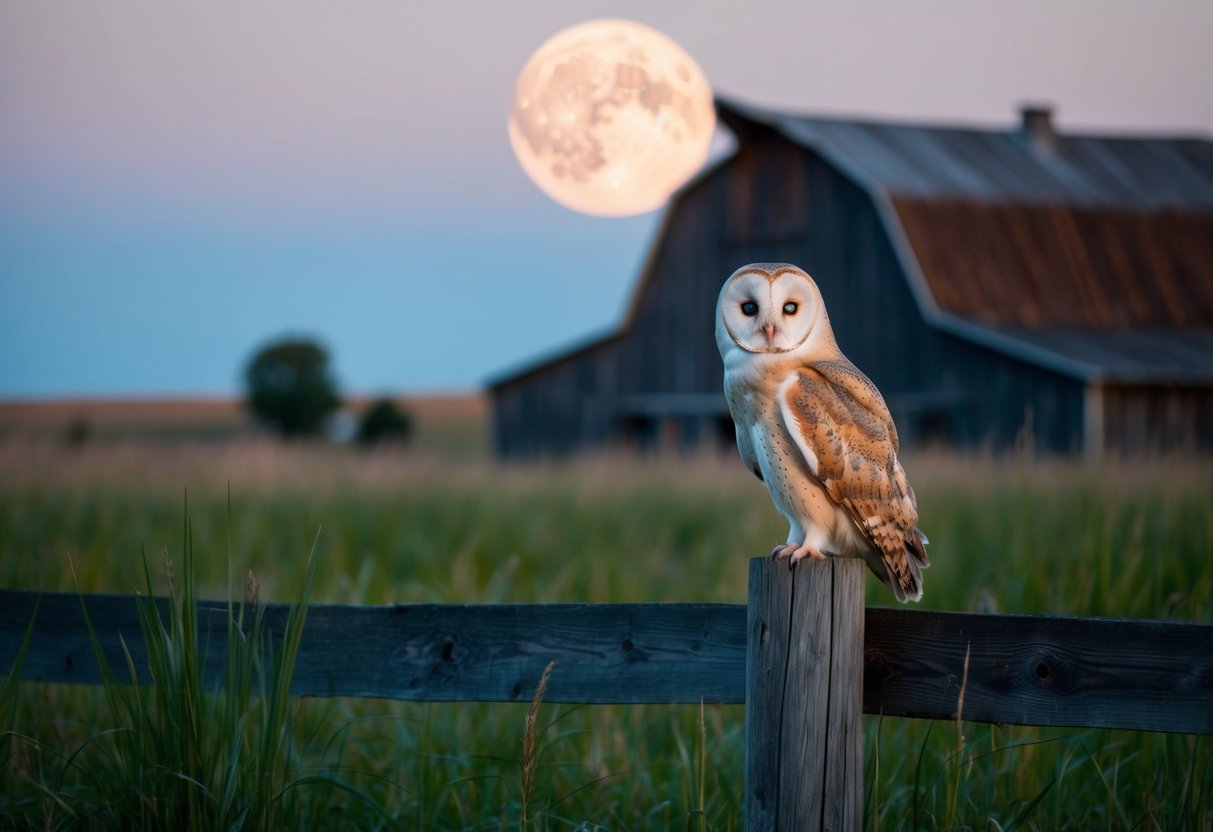 A moonlit barnyard with a barn owl perched on a wooden fence post, surrounded by tall grass and a rustic barn in the background