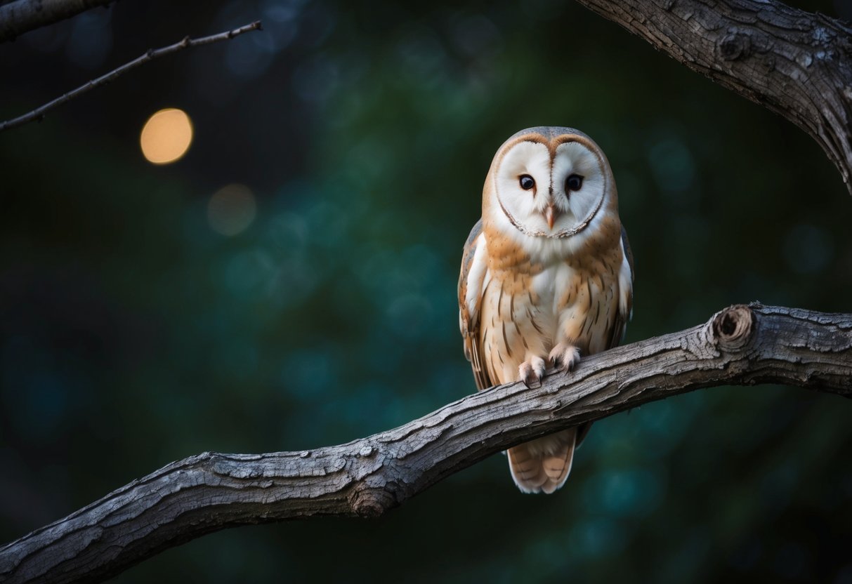 A barn owl perched on a gnarled tree branch, its white heart-shaped face and golden eyes staring out from the darkness of the night