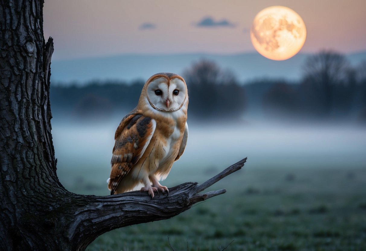 A barn owl perched on a gnarled tree branch, its piercing gaze fixed on a moonlit landscape of shifting shadows and swirling mist