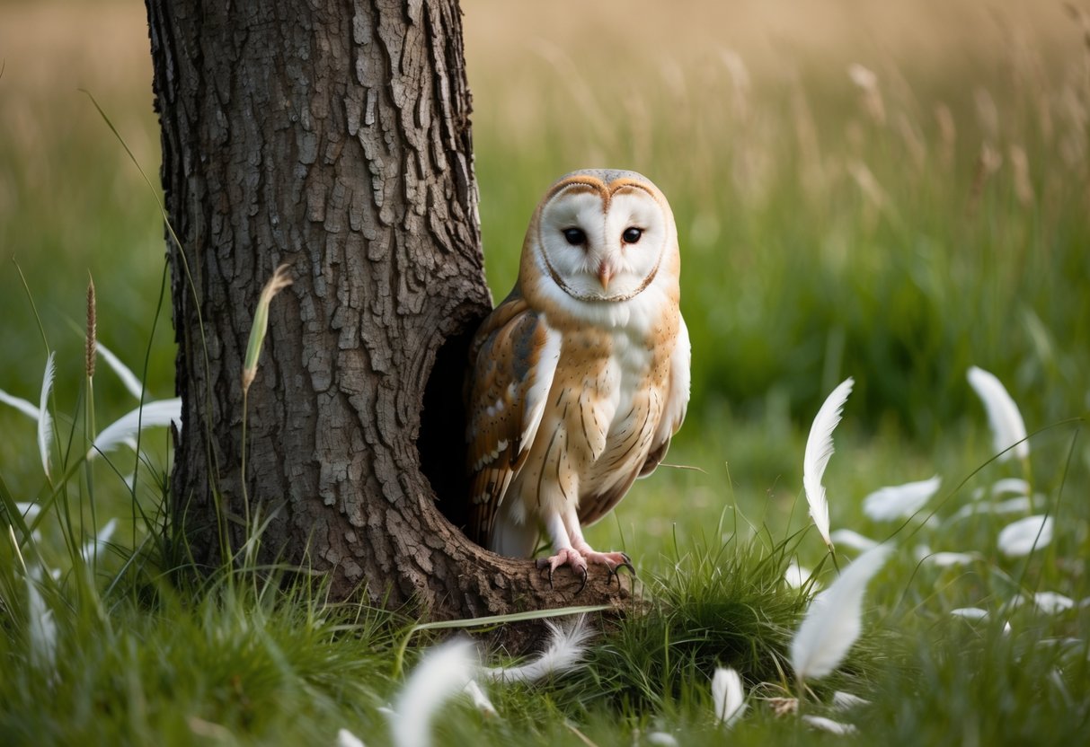 A barn owl perched in a hollow tree, surrounded by tall grass and scattered feathers