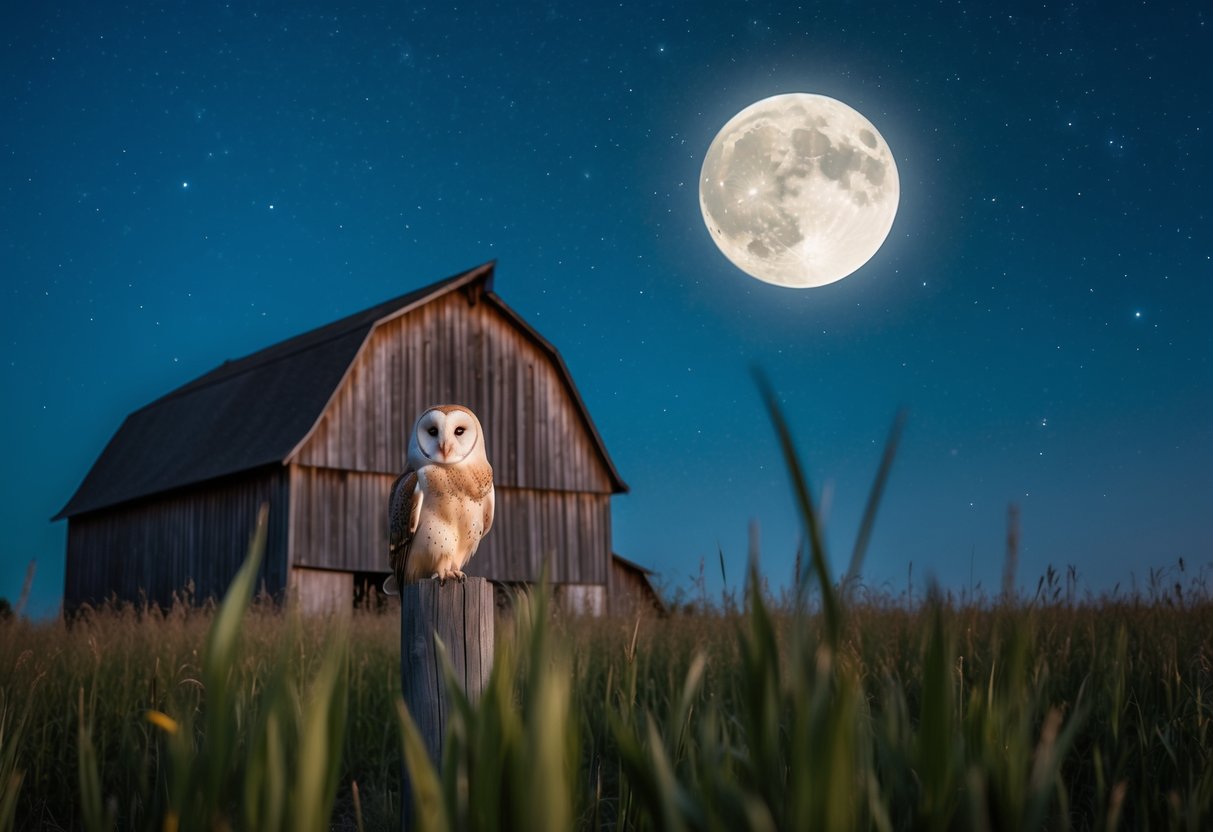 A moonlit night with a barn owl perched on a wooden barn, surrounded by tall grass and a clear starry sky