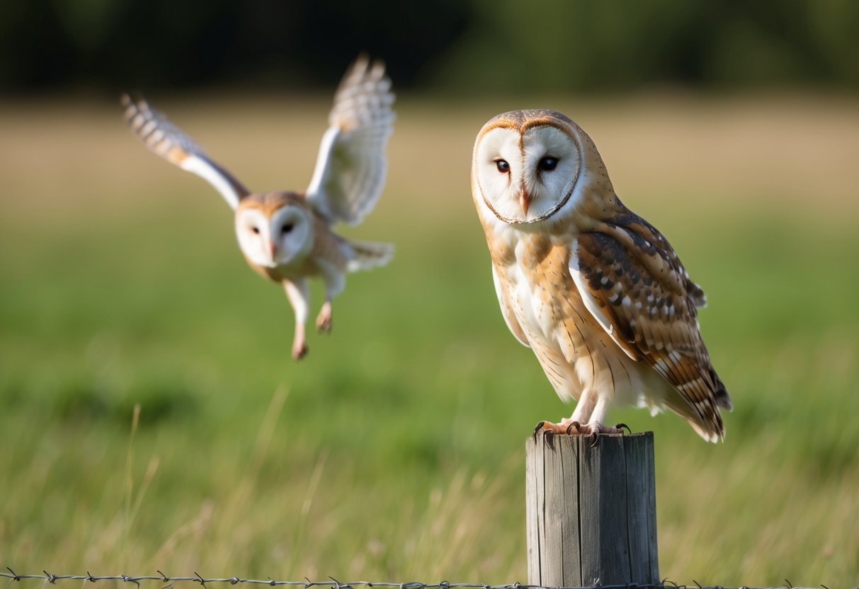 A barn owl perched on a wooden fence post, facing forward with its heart-shaped facial disc. A short-eared owl hovering low over a grassy field, with its distinctive short ear tufts visible