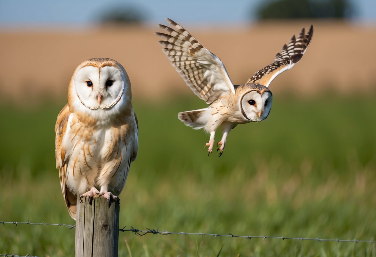 A barn owl perched on a wooden fence post, its heart-shaped face and pale plumage contrasting with a short-eared owl flying low over a grassy field, its buffy facial disk and streaked feathers visible