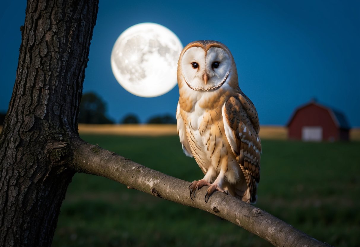 A barn owl perched on a tree branch, surrounded by moonlight with a field and small barn in the background