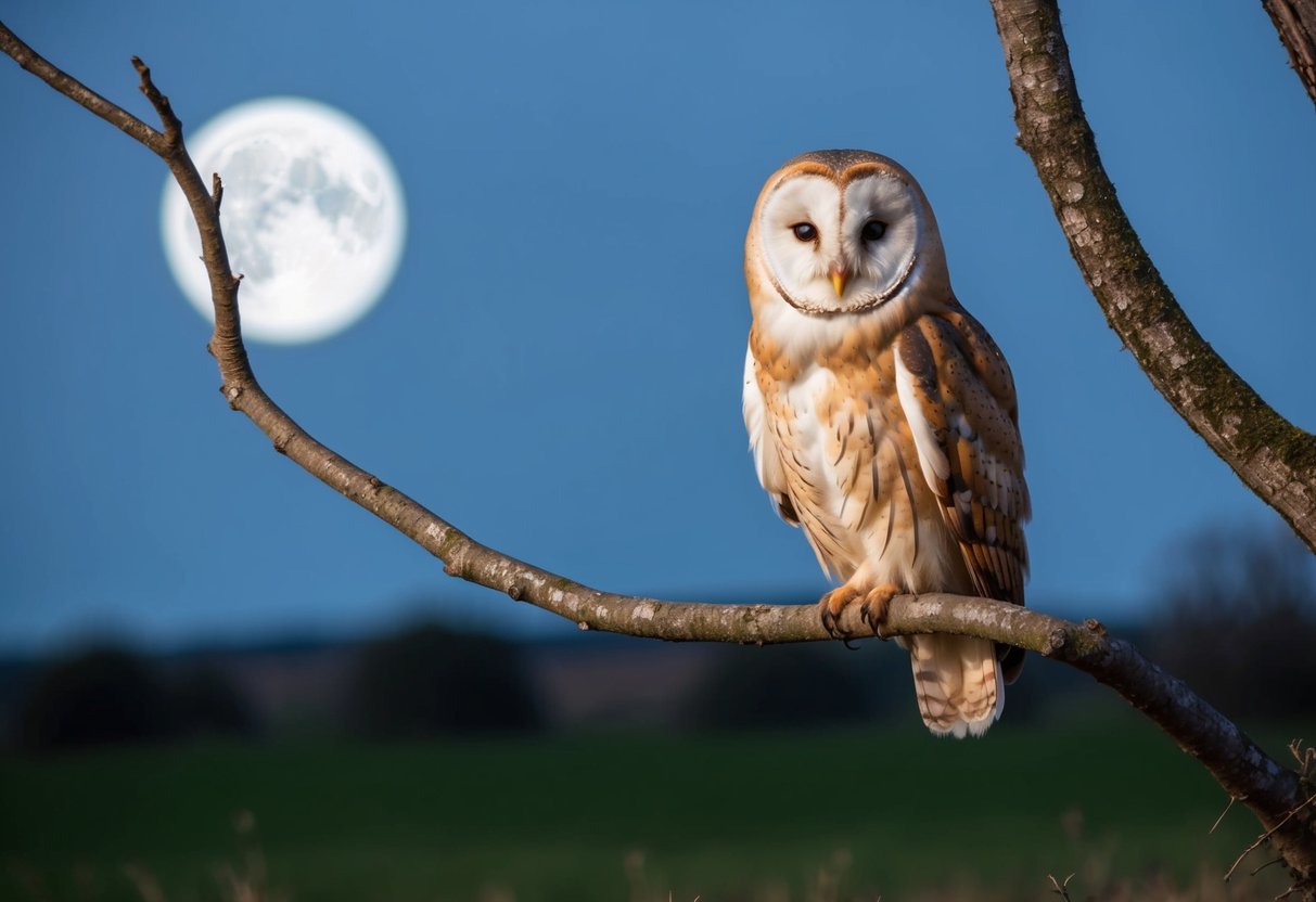A barn owl perched on a tree branch, surrounded by moonlit countryside