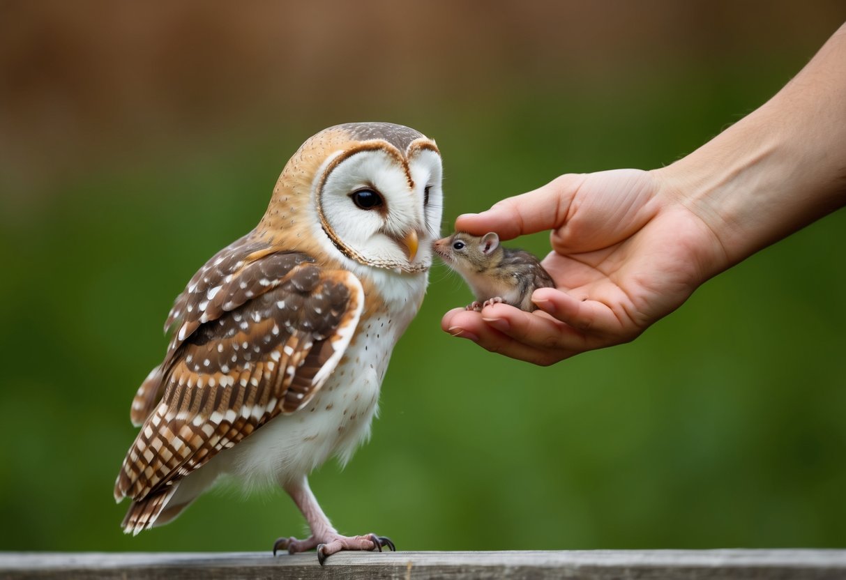A baby barn owl being fed a small rodent by its parent