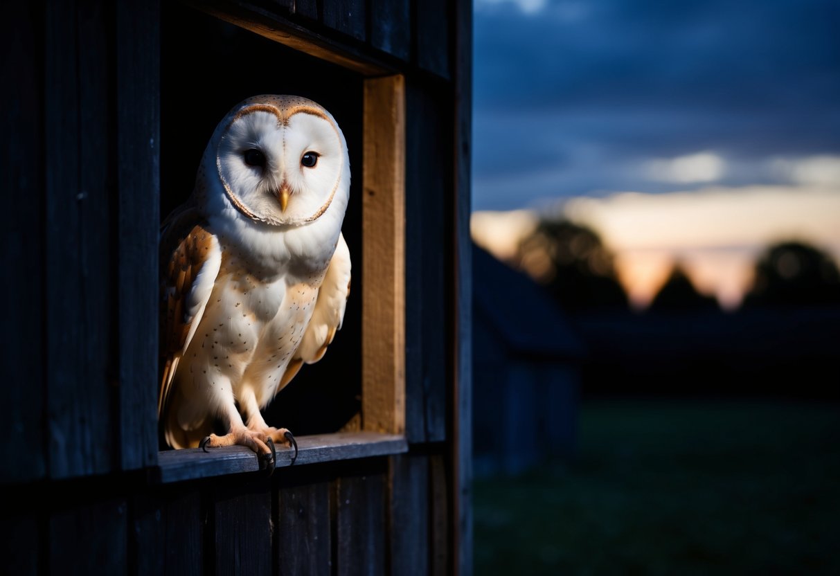 A barn owl emerges from a dark, secluded barn at dusk, its white heart-shaped face glowing in the fading light