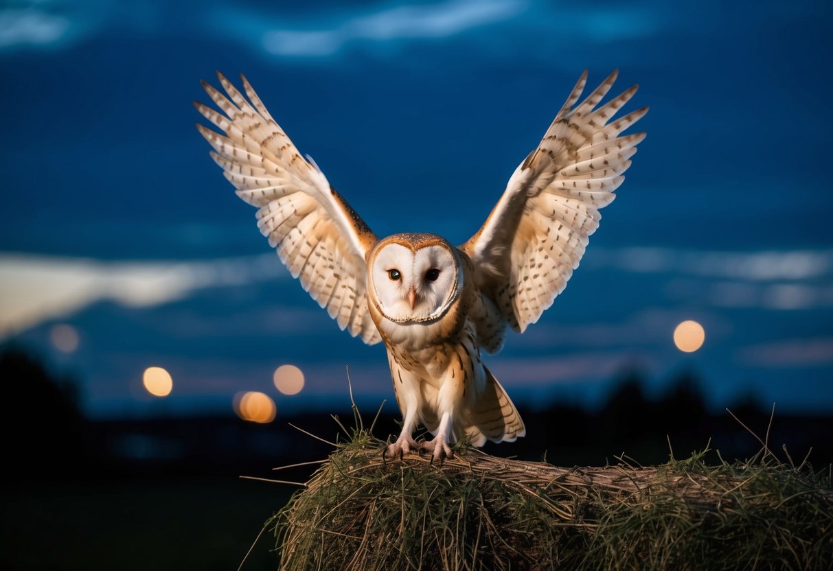 A barn owl emerges from its roost at dusk, stretching its wings before taking flight