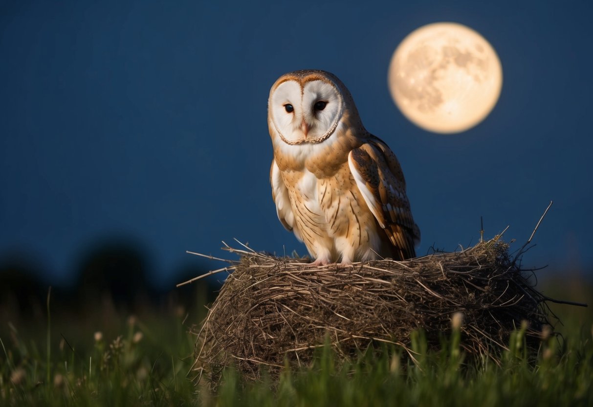 A barn owl emerges from its nest at dusk, scanning for prey in the moonlit meadow