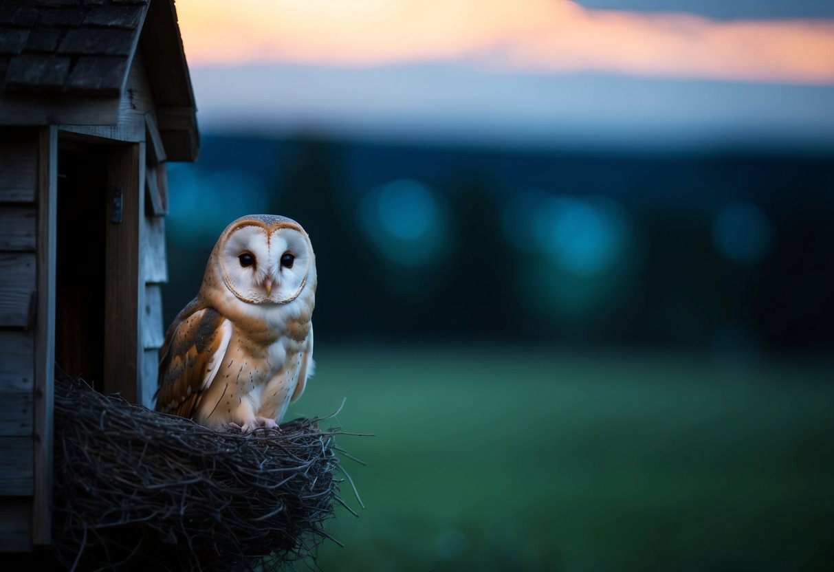 A barn owl emerges from its nest at dusk, scanning the darkening landscape for prey