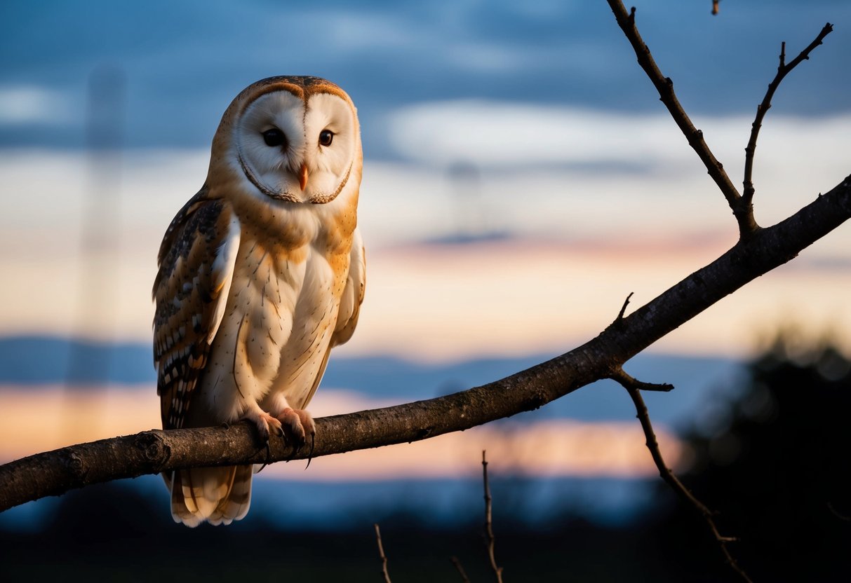 A barn owl perched on a tree branch at dusk, scanning the ground for prey