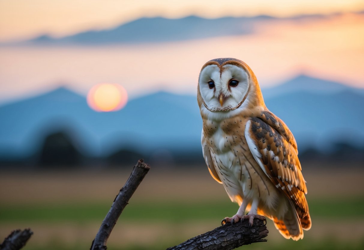 A barn owl perched on a tree branch, its large round eyes scanning the field below, as the sun sets behind the distant mountains