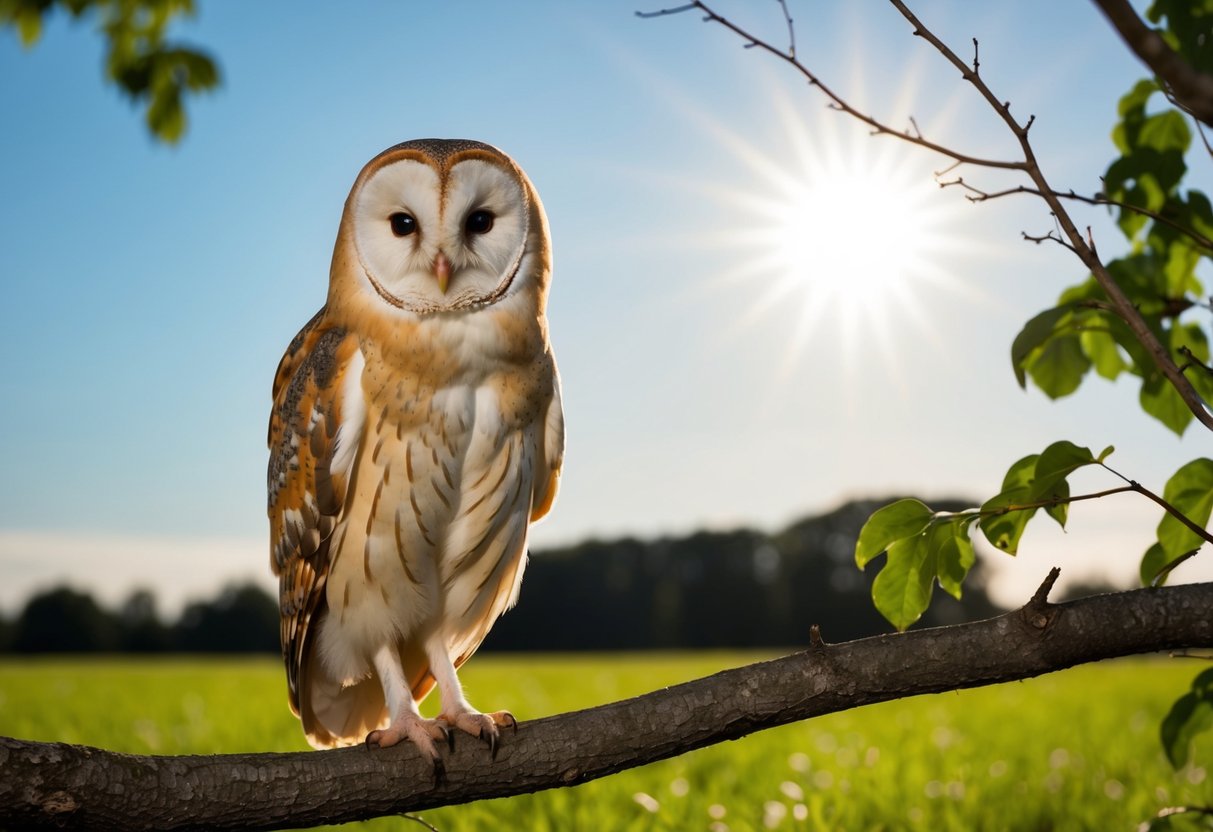 A barn owl perches on a tree branch, its large eyes scanning the field below for prey. The sun shines brightly in the sky, indicating it is daytime
