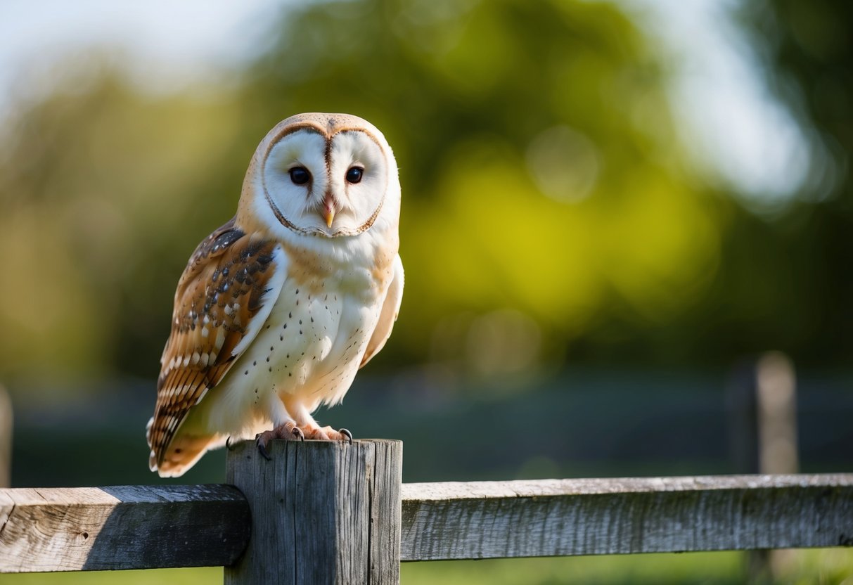 A barn owl perched on a weathered wooden fence post, its white heart-shaped face and dark eyes peering out from the daylight