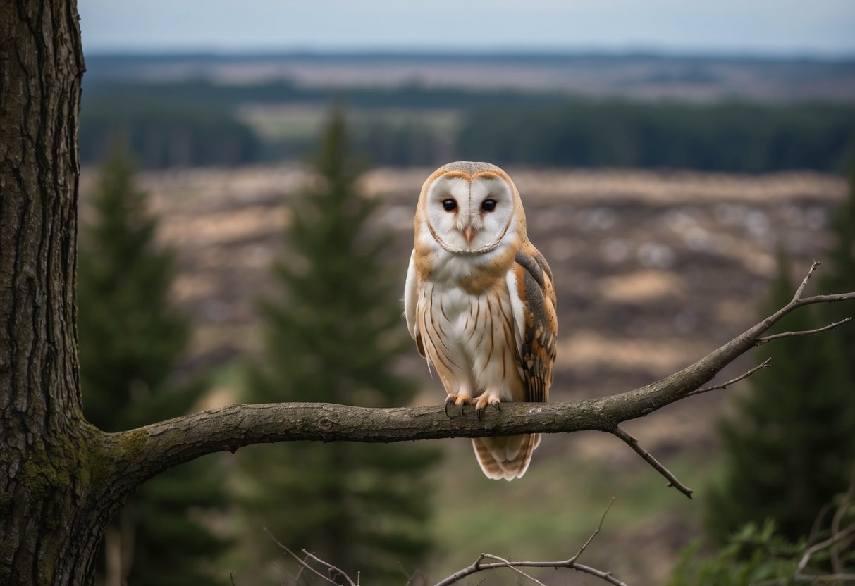 A barn owl perched on a tree branch, surrounded by deforested land and human activity, with a look of confusion and discomfort