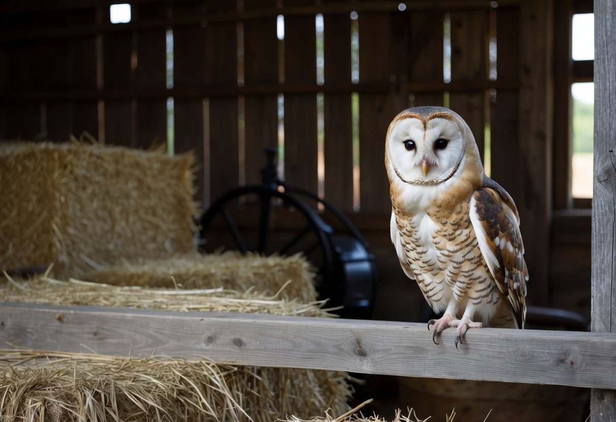 A barn owl perches on a wooden beam inside a rustic barn, surrounded by hay bales and old farming equipment