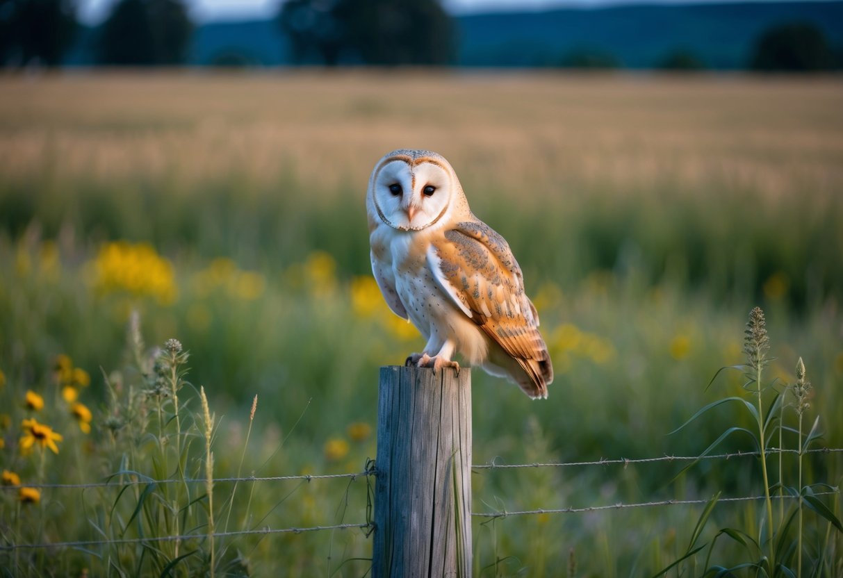 A barn owl perched on a weathered wooden fence post, surrounded by tall grass and wildflowers in a rural field at dusk