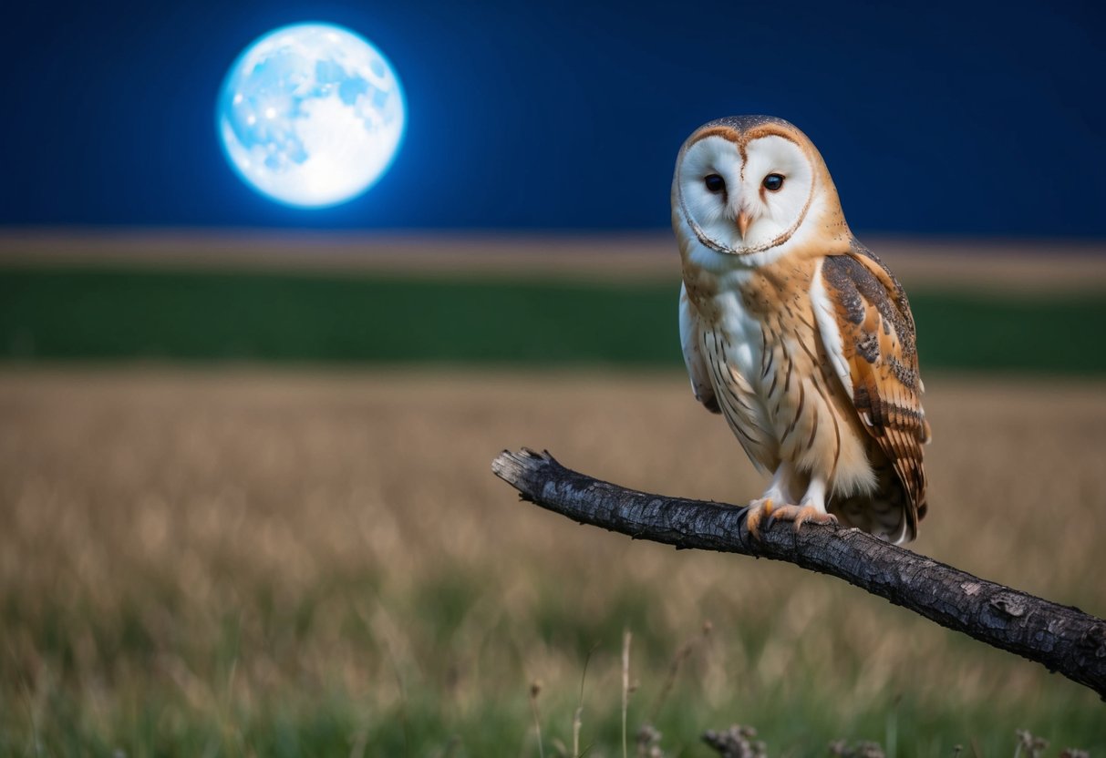 A barn owl perched on a tree branch at night, hunting for prey in a moonlit field