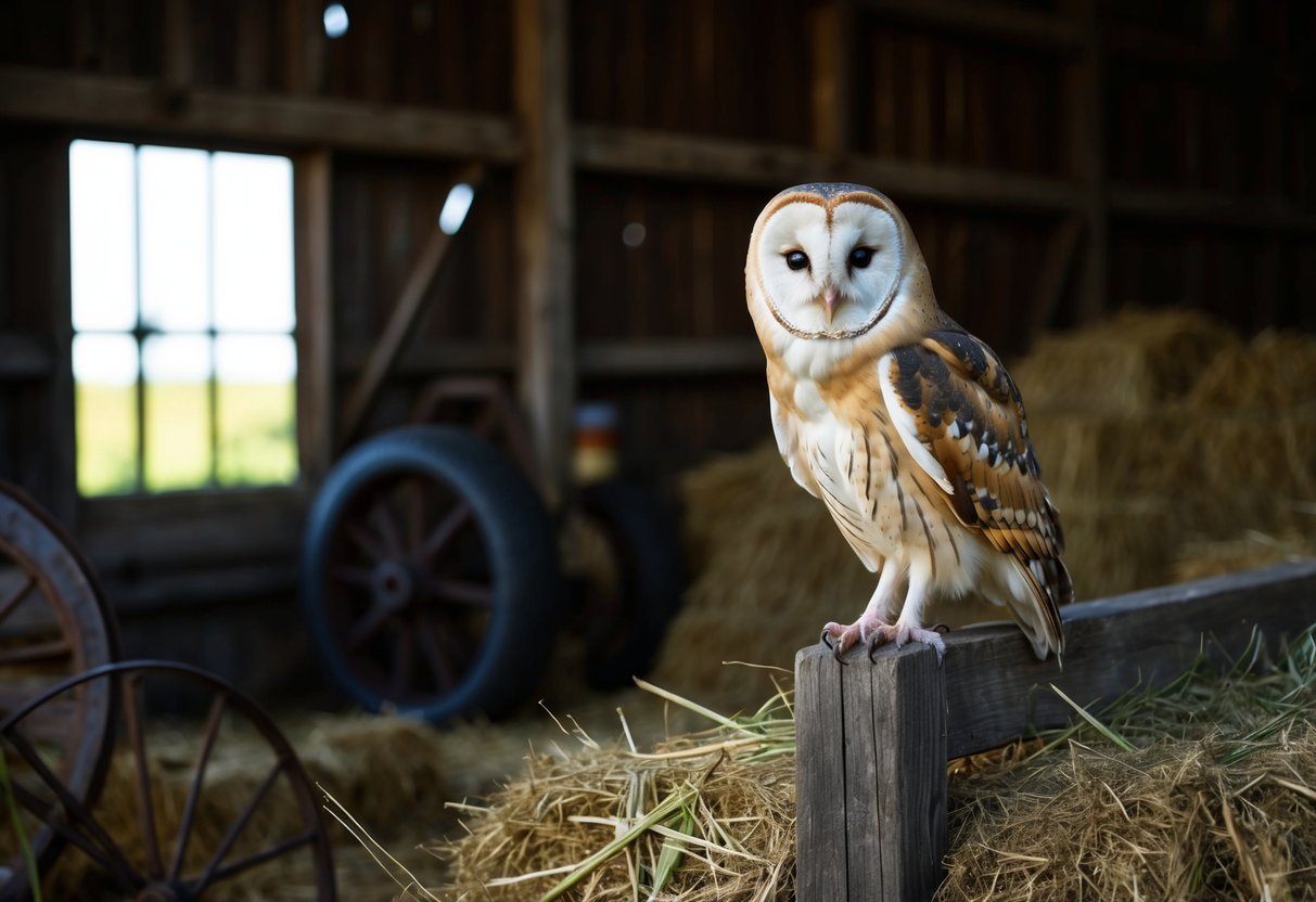 A barn owl perched on a wooden beam inside a rustic barn, surrounded by hay and old farm equipment