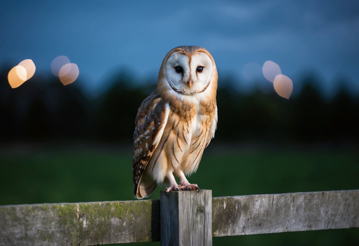 A barn owl perches on a weathered fence post, its heart-shaped face and dark eyes peering out from the shadows of the night