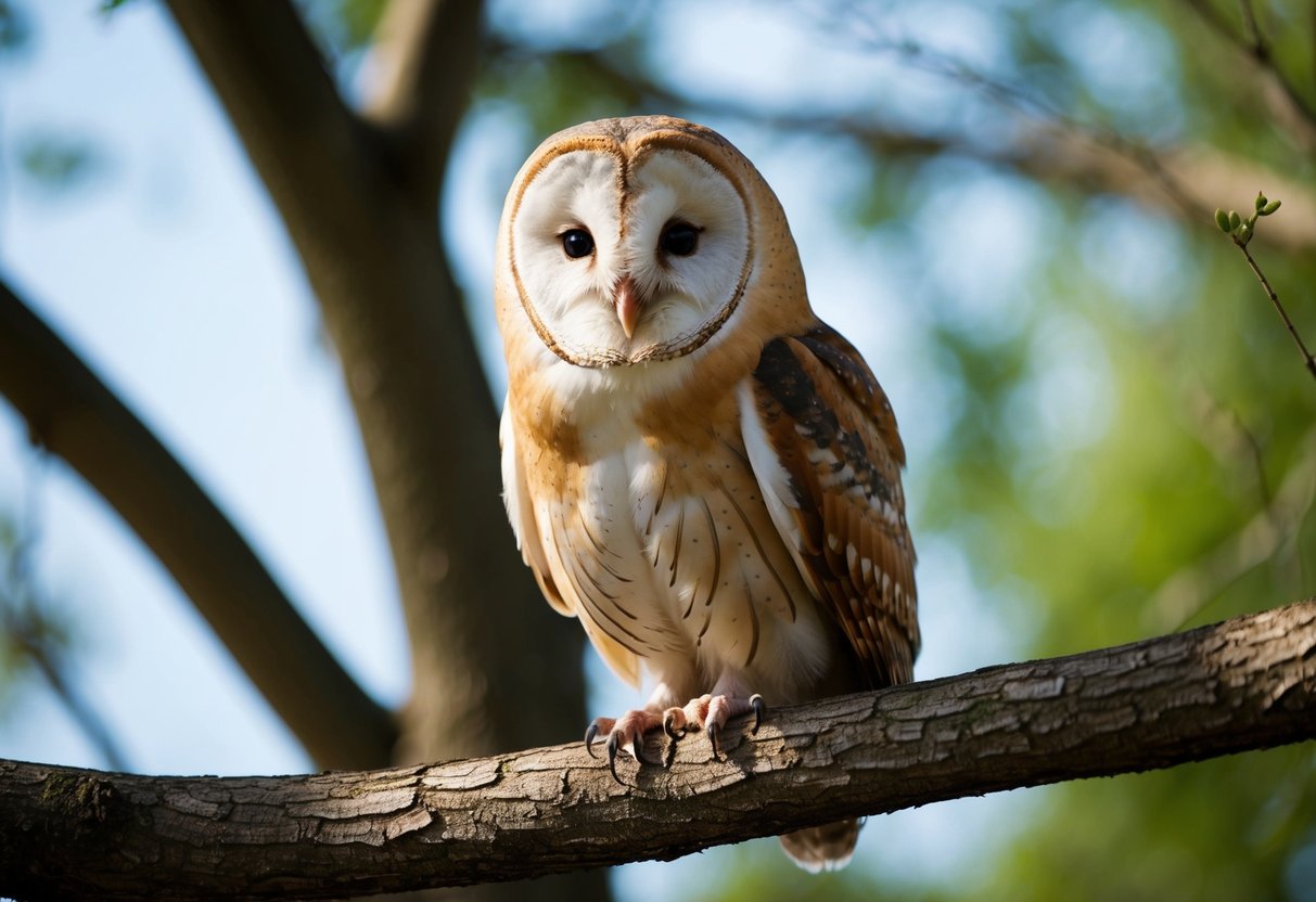 A barn owl perched on a tree branch, with heart-shaped face, white underparts, and golden-brown upperparts