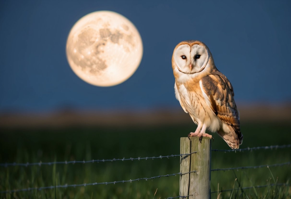 A barn owl perched on a wooden fence post, with moonlight casting a soft glow on the surrounding grassy field