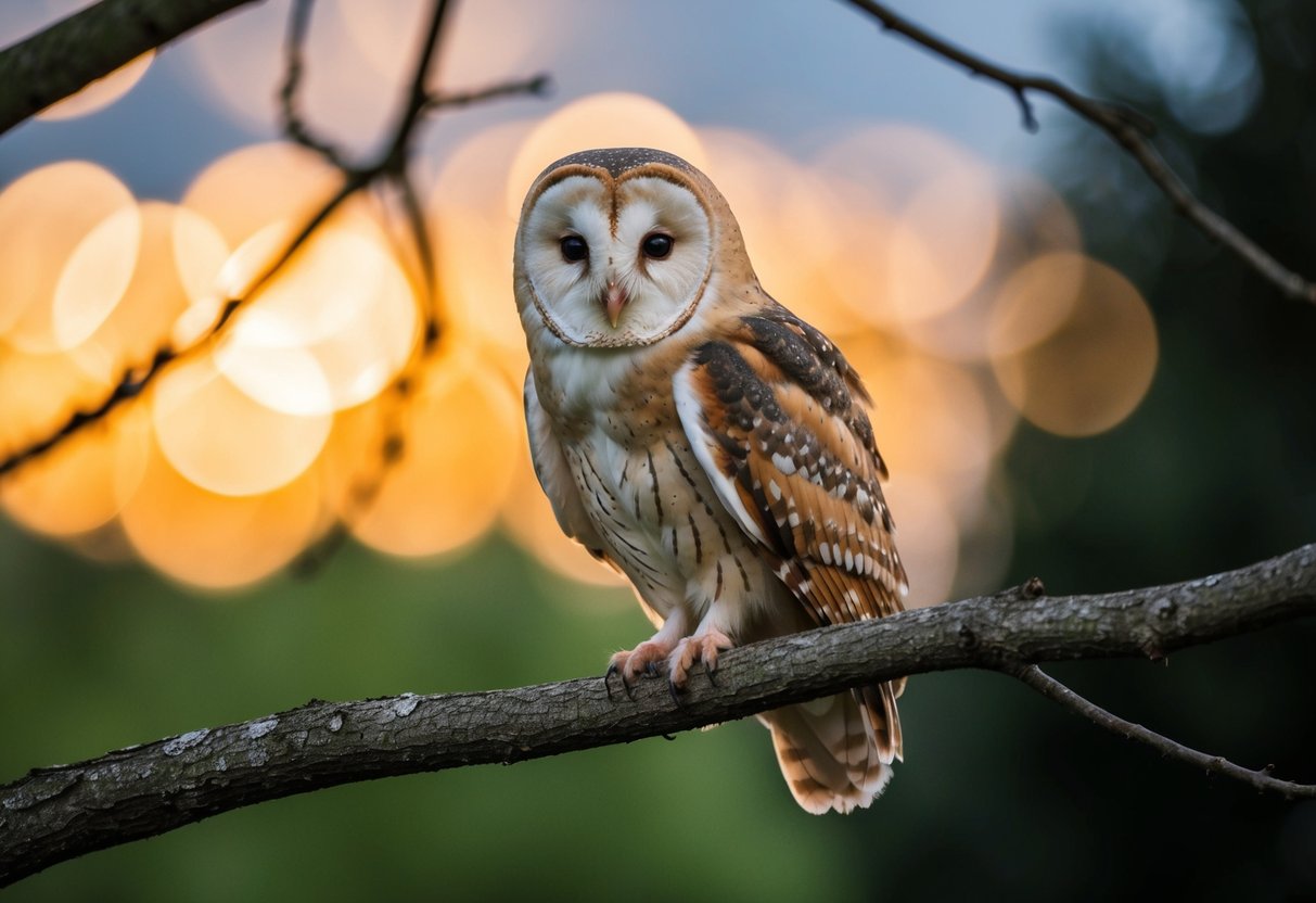 A barn owl perched on a tree branch, hunting for prey at night