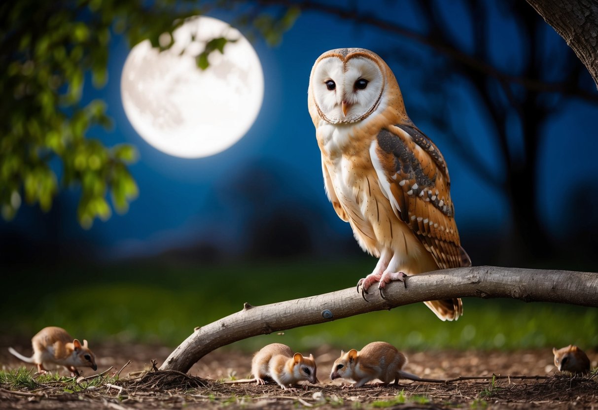 A barn owl perched on a tree branch, surrounded by moonlight and small rodents scurrying on the ground below